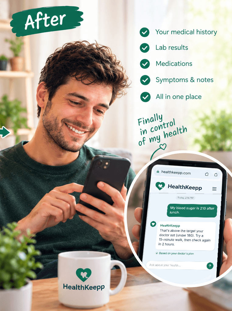 After HealthKeepp: the same man smiling at his phone, with his medical history, lab results, medications, symptoms and notes all in one place. HealthKeepp answers his message about high blood sugar with a suggestion based on his doctor's plan.