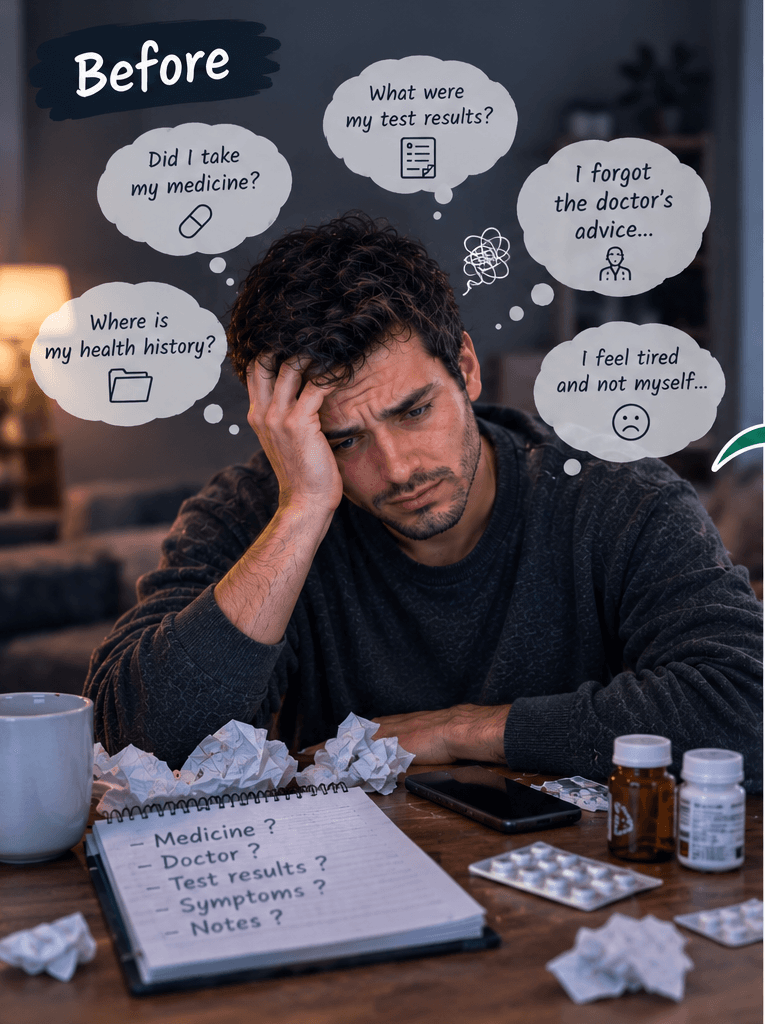 Before HealthKeepp: a stressed man at a cluttered table with pill bottles and a notebook, wondering: Did I take my medicine? What were my test results? Where is my health history? I forgot the doctor's advice. I feel tired and not myself.